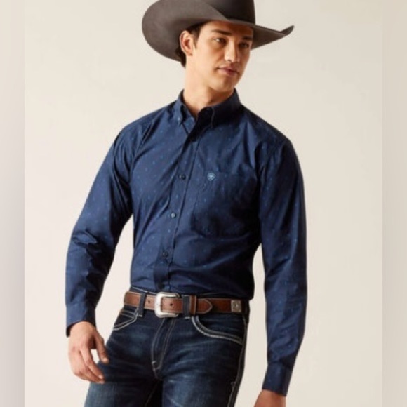 Ariat Men's Pollerd Shirt Large Long Sleeve Fitted Dark Blue Cactus Print Button - Picture 1 of 14